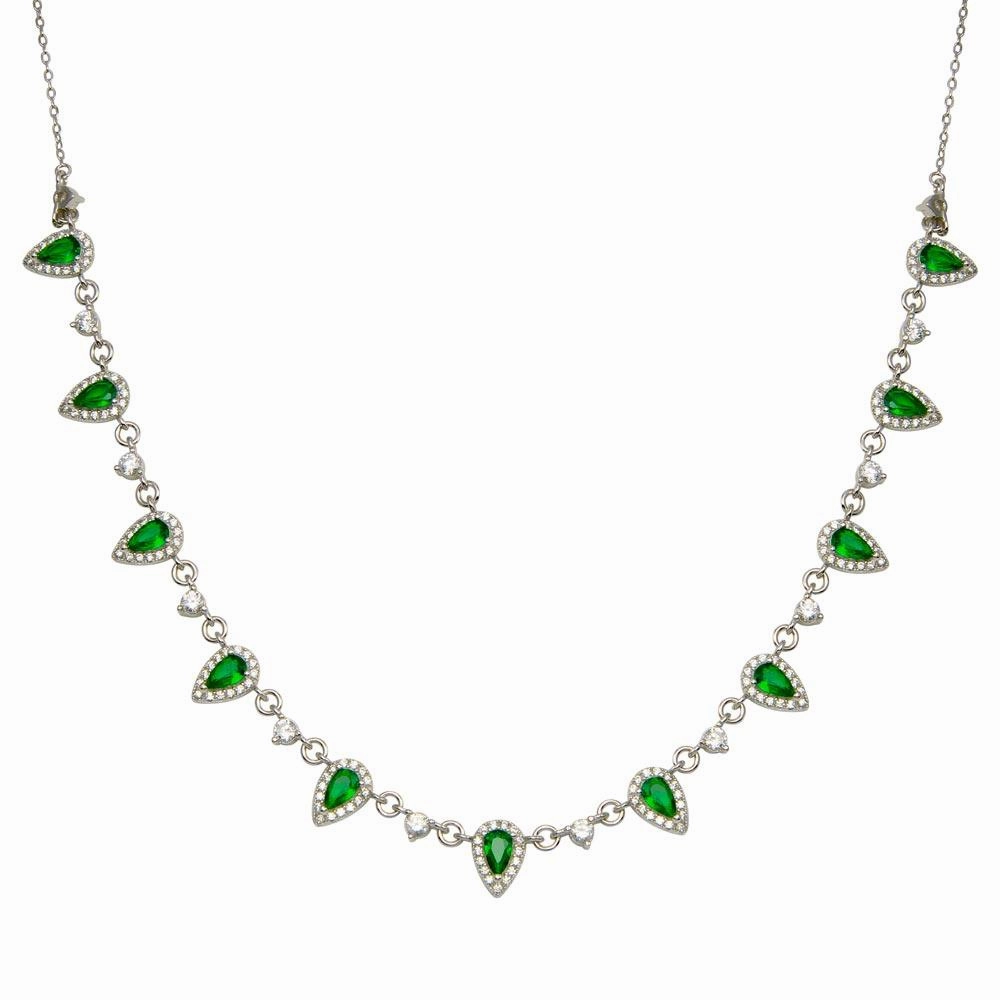 925 Sterling Silver Silver Green and Clear Multi CZ Necklace - BGP01389