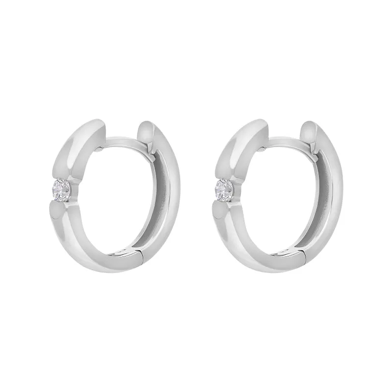 9ct White Gold Diamond 14mm Round Domed Hoop Earrings