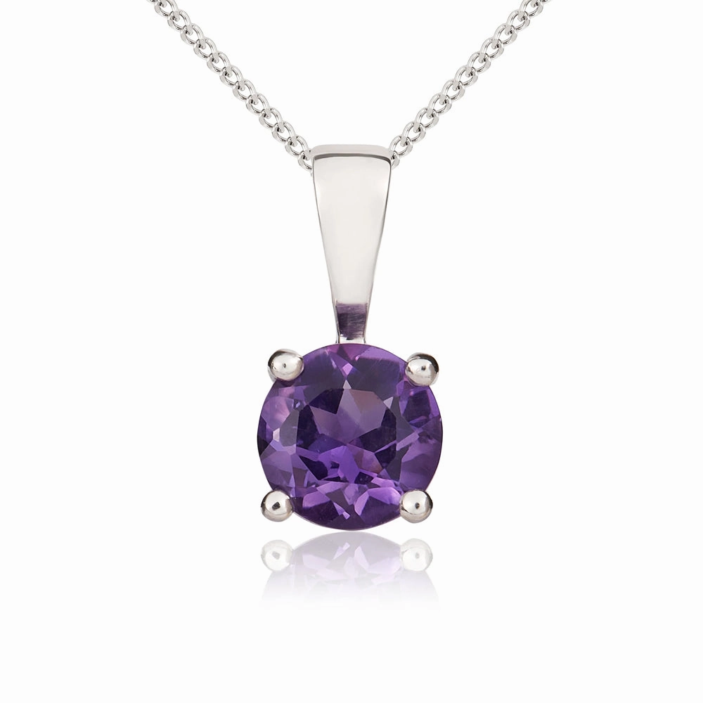 9ct White Gold Amethyst 5mm Round Claw Set Necklace