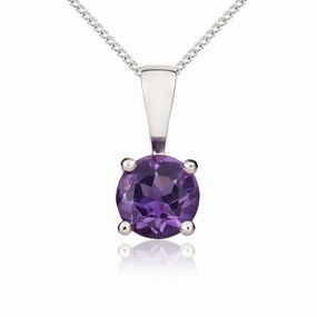 9ct White Gold Amethyst 5mm Round Claw Set Necklace