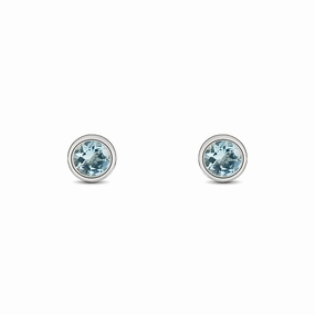 9ct White Gold Aquamarine 3mm Round Rub Over Set Stud Earrings