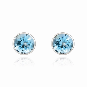 9ct White Gold Aquamarine 5mm Round Rub Over Set Stud Earrings