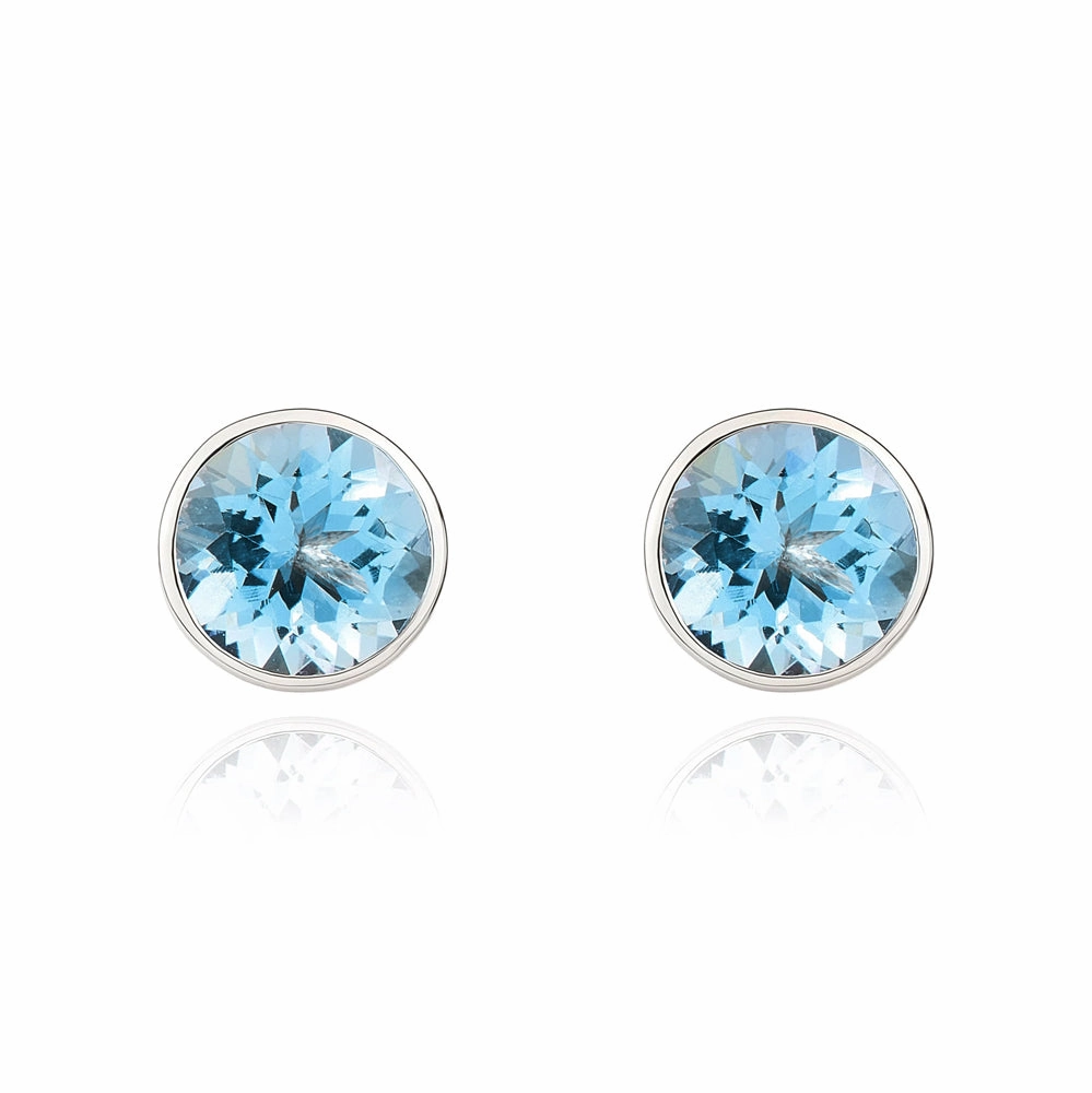 9ct White Gold Aquamarine 5mm Round Rub Over Set Stud Earrings