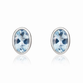 9ct White Gold Aquamarine 6x4mm Oval Rub Over Set Stud Earrings