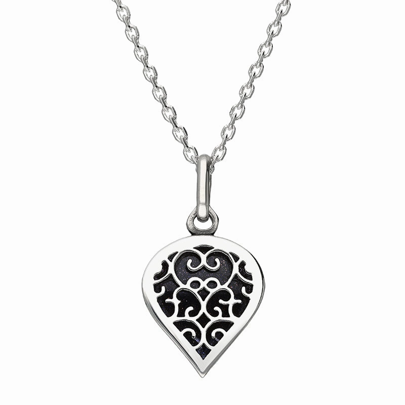 9ct White Gold Blue Goldstone Flore Filigree Small Heart Necklace