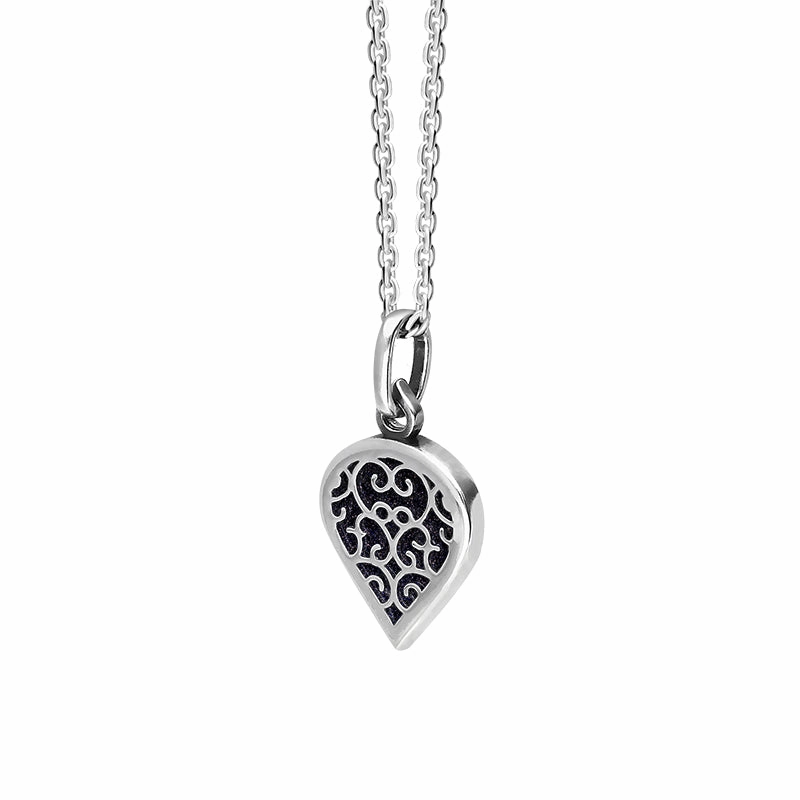 9ct White Gold Blue Goldstone Flore Filigree Small Heart Necklace