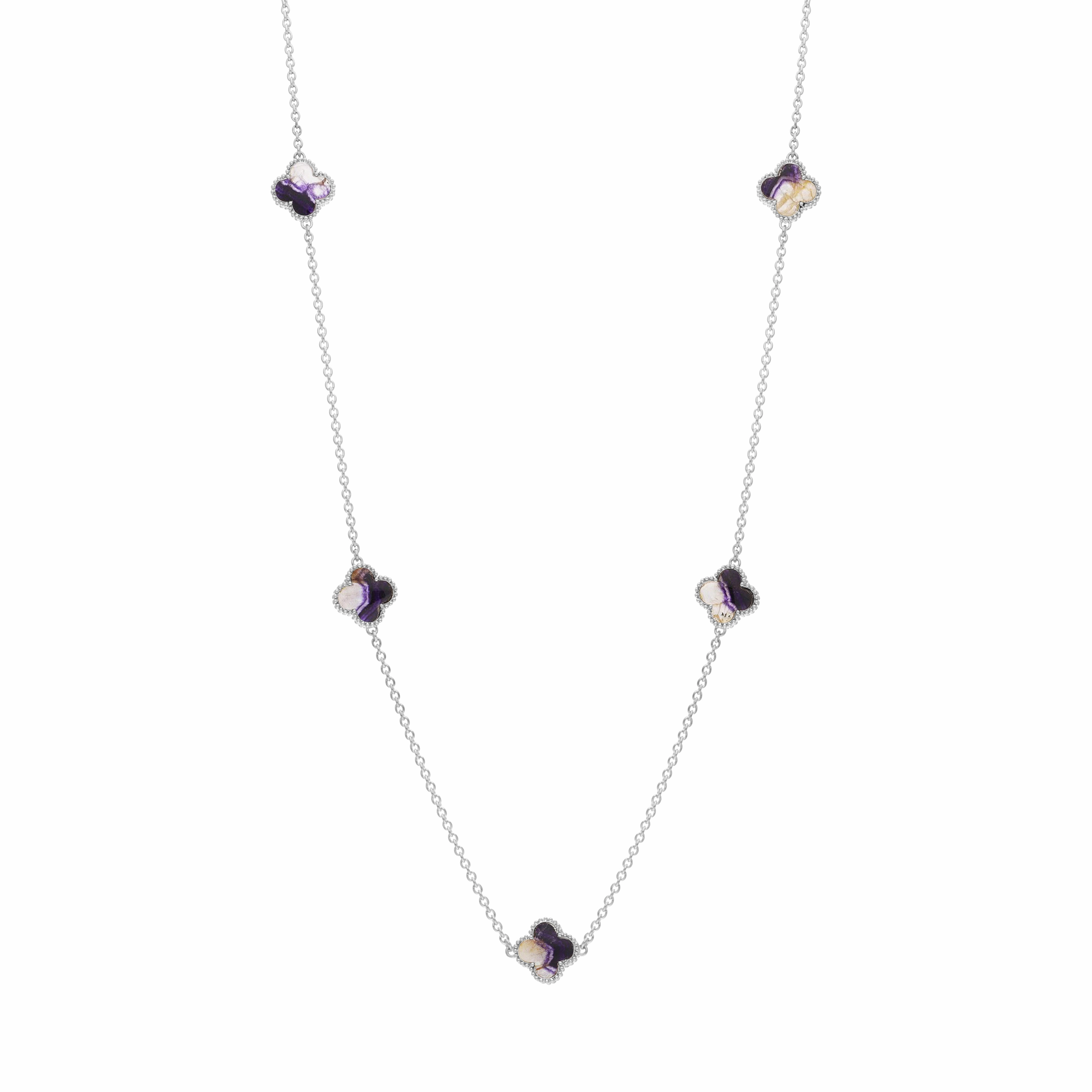 9ct White Gold Blue John Bloom Four Leaf Clover Ball Edge Necklace