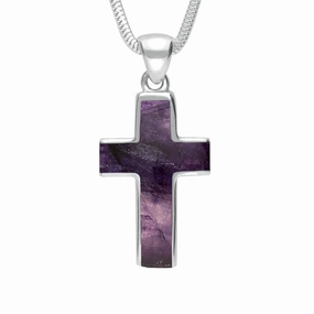 9ct White Gold Blue John Channel Set Cross Necklace
