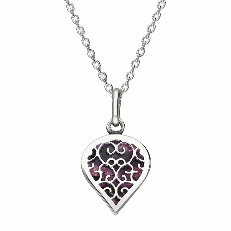 9ct White Gold Blue John Flore Filigree Small Heart Necklace