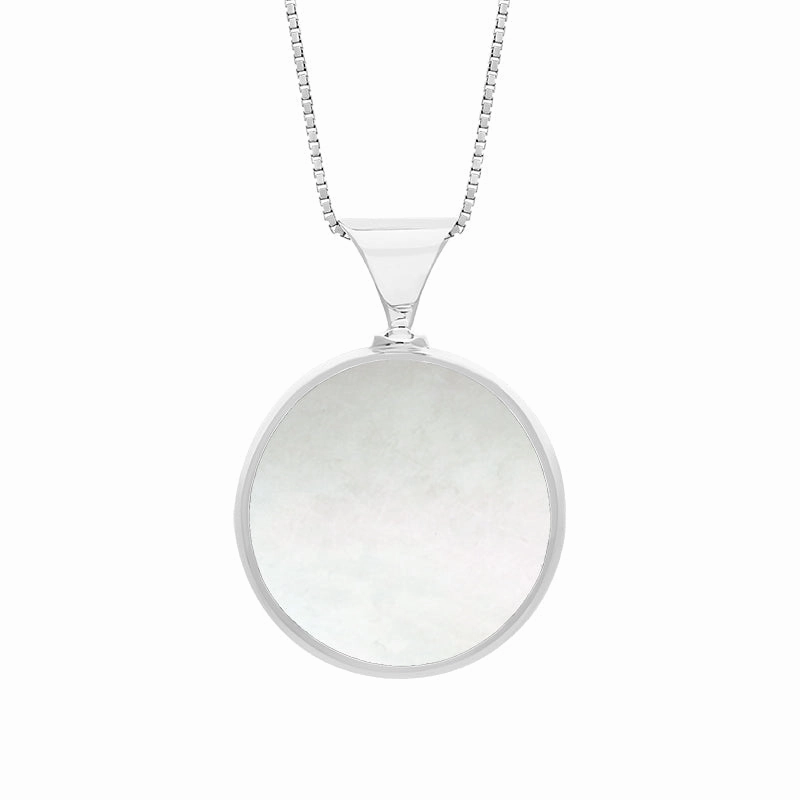 9ct White Gold Blue John Mother of Pearl King's Coronation Hallmark Double Sided Round Necklace D