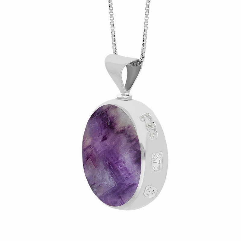 9ct White Gold Blue John Mother of Pearl King's Coronation Hallmark Double Sided Round Necklace D