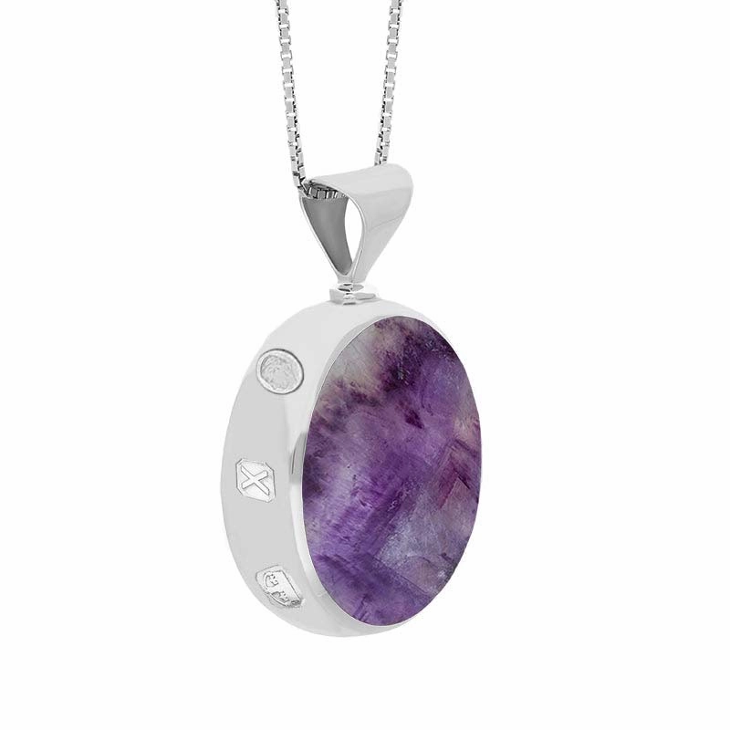 9ct White Gold Blue John Mother of Pearl King's Coronation Hallmark Double Sided Round Necklace D