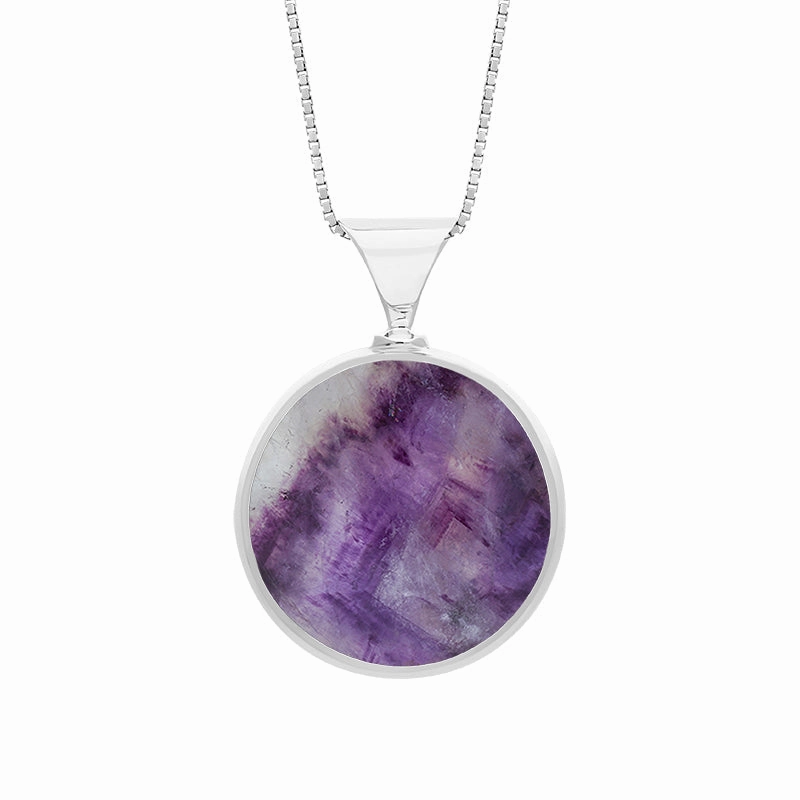 9ct White Gold Blue John Mother of Pearl King's Coronation Hallmark Double Sided Round Necklace D
