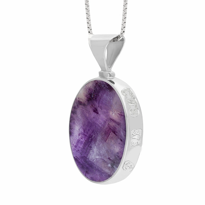 9ct White Gold Blue John Mother of Pearl Queens Jubilee Hallmark Double Sided Oval Necklace D