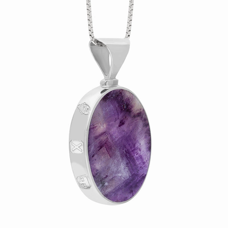 9ct White Gold Blue John Mother of Pearl Queens Jubilee Hallmark Double Sided Oval Necklace D
