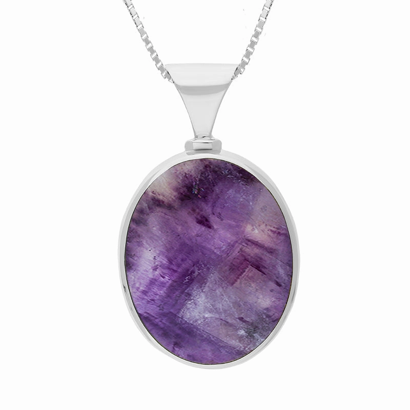 9ct White Gold Blue John Mother of Pearl Queens Jubilee Hallmark Double Sided Oval Necklace D