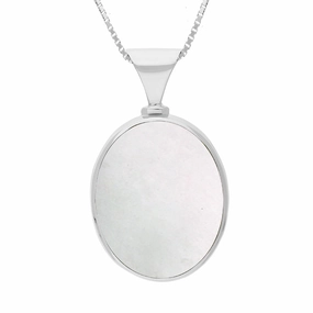 9ct White Gold Blue John Mother of Pearl Queens Jubilee Hallmark Double Sided Oval Necklace D