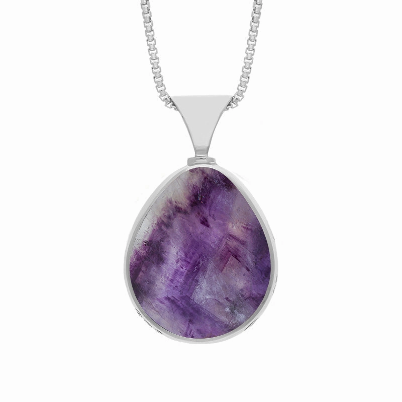 9ct White Gold Blue John Mother of Pearl Queens Jubilee Hallmark Double Sided Pear-shaped Necklace D
