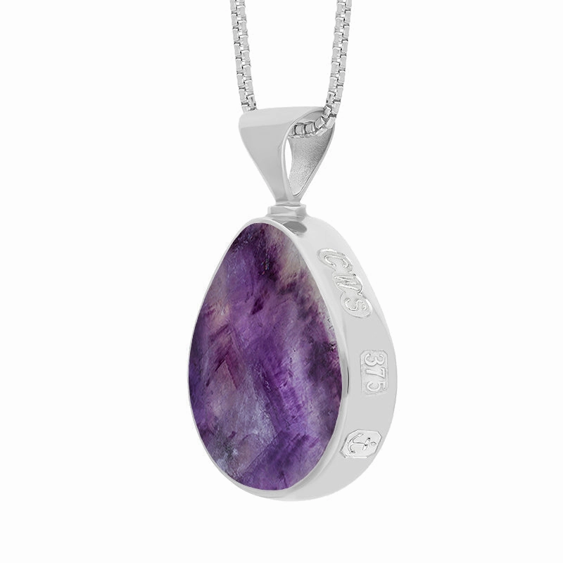 9ct White Gold Blue John Mother of Pearl Queens Jubilee Hallmark Double Sided Pear-shaped Necklace D
