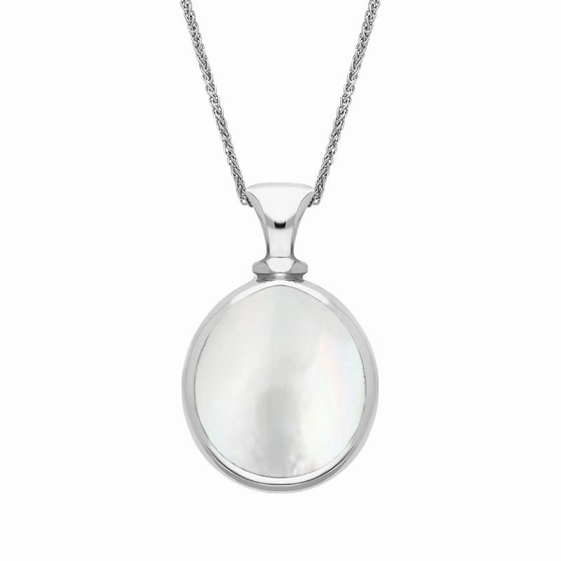 9ct White Gold Blue John Mother Of Pearl Small Double Sided Pear Fob Necklace