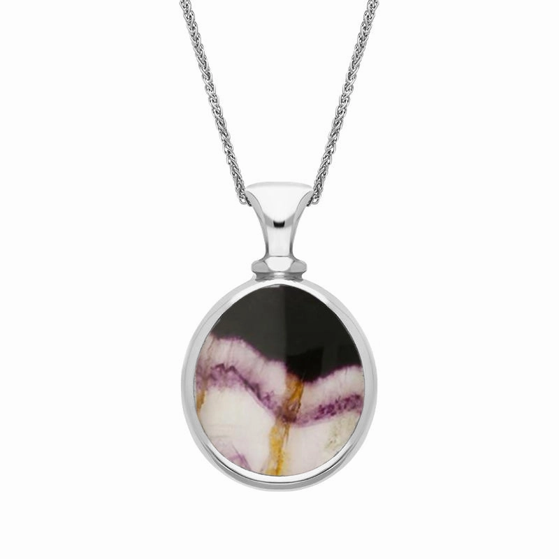 9ct White Gold Blue John Mother Of Pearl Small Double Sided Pear Fob Necklace