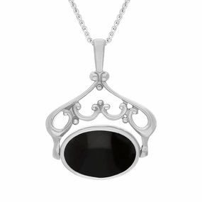 9ct White Gold Blue John Whitby Jet Double Sided Oval Swivel Fob Necklace