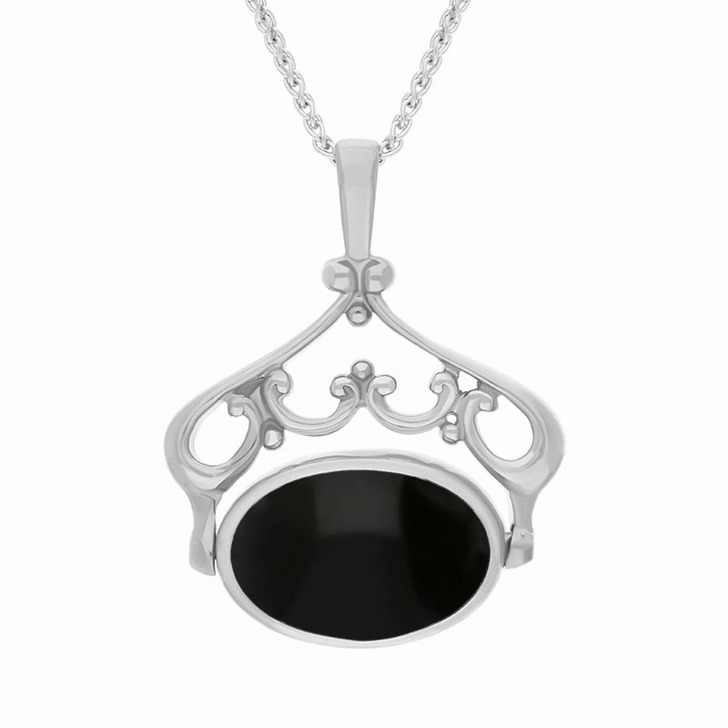 9ct White Gold Blue John Whitby Jet Double Sided Oval Swivel Fob Necklace