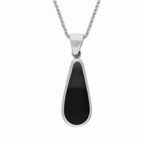9ct White Gold Blue John Whitby Jet Small Double Sided Pear Cut Fob Necklace
