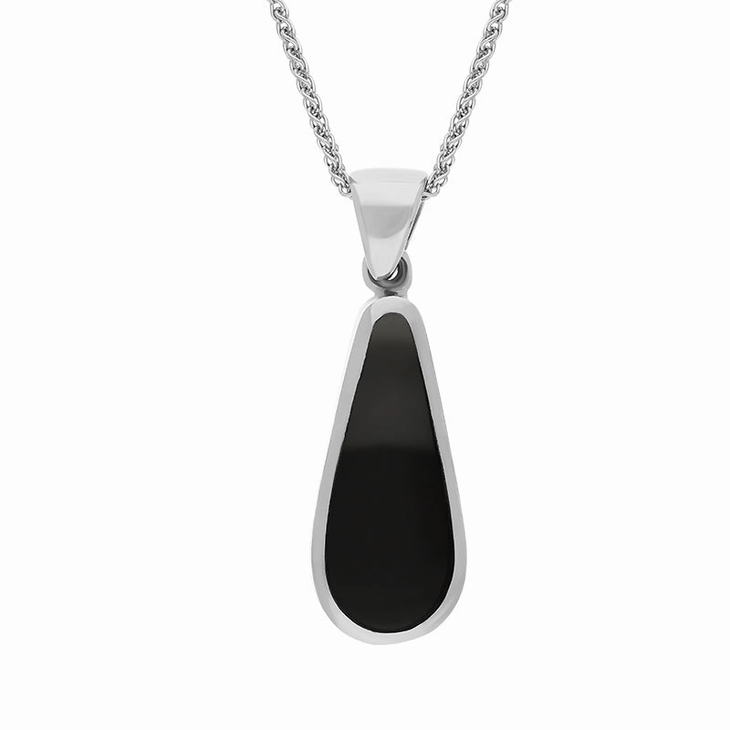 9ct White Gold Blue John Whitby Jet Small Double Sided Pear Cut Fob Necklace
