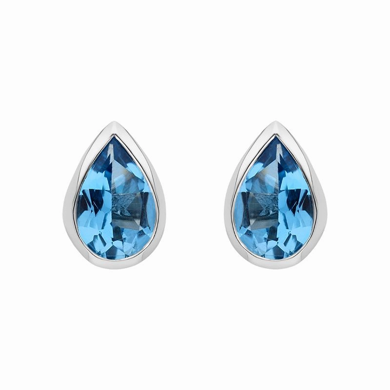 9ct White Gold Blue Topaz 6x4mm Pear Rub Over Stud Earrings