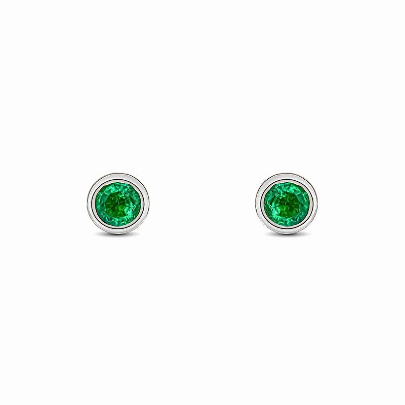 9ct White Gold Emerald 3mm Round Rub Over Set Stud Earrings