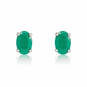 9ct White Gold Emerald 6x4mm Oval Claw Set Stud Earrings