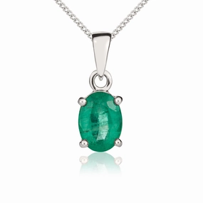 9ct White Gold Emerald 7x5mm Oval Claw Set Necklace