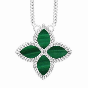 9ct White Gold Malachite Eden Large Marquise Flower Necklace
