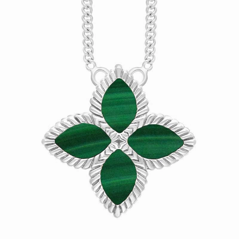 9ct White Gold Malachite Eden Large Marquise Flower Necklace