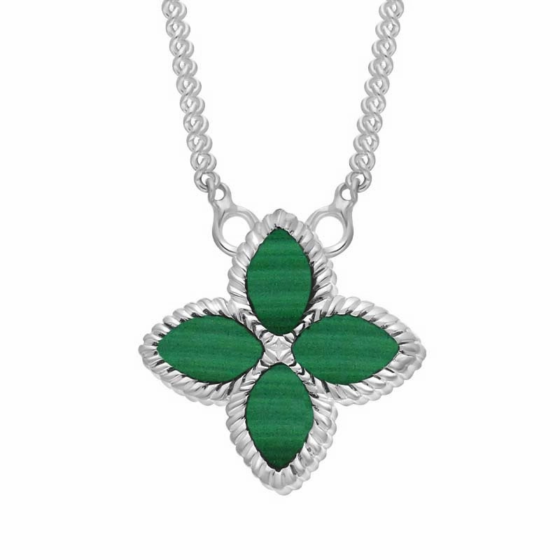 9ct White Gold Malachite Eden Small Marquise Flower Necklace