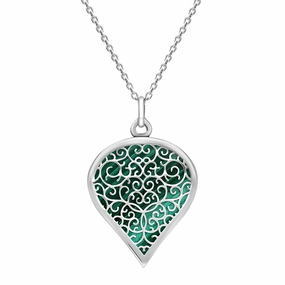 9ct White Gold Malachite Flore Filigree Large Heart Necklace