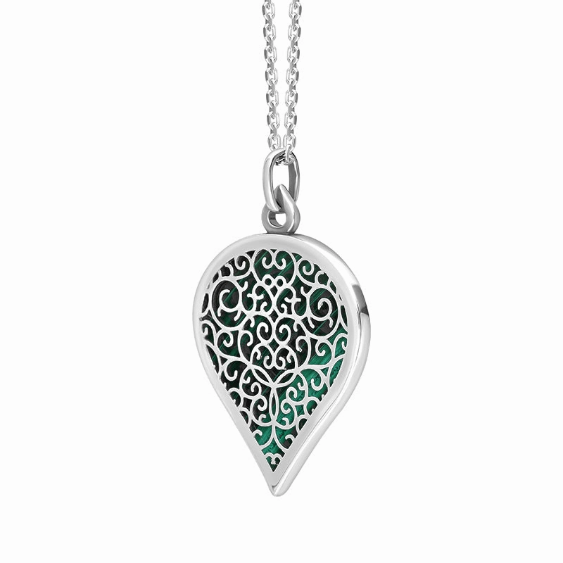 9ct White Gold Malachite Flore Filigree Large Heart Necklace