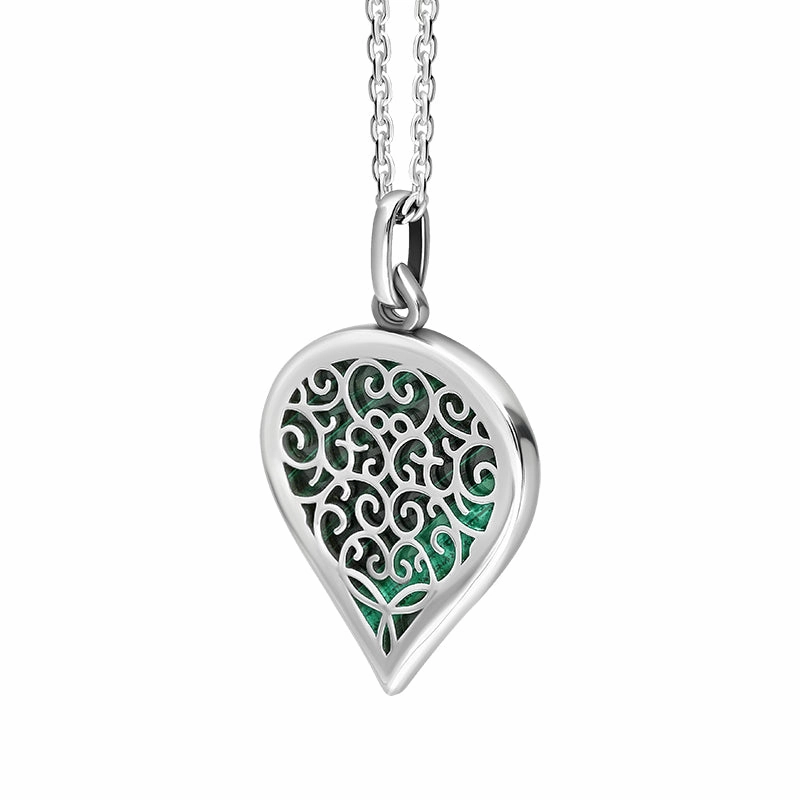 9ct White Gold Malachite Flore Filigree Medium Heart Necklace
