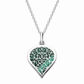 9ct White Gold Malachite Flore Filigree Medium Heart Necklace