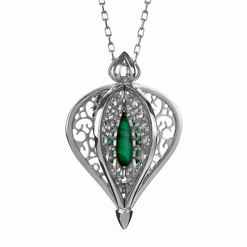 9ct White Gold Malachite Flore Filigree Small Necklace