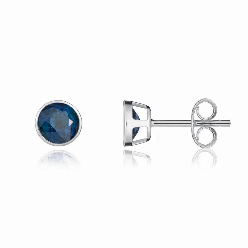 9ct White Gold Sapphire 5mm Round Rub Over Set Stud Earrings