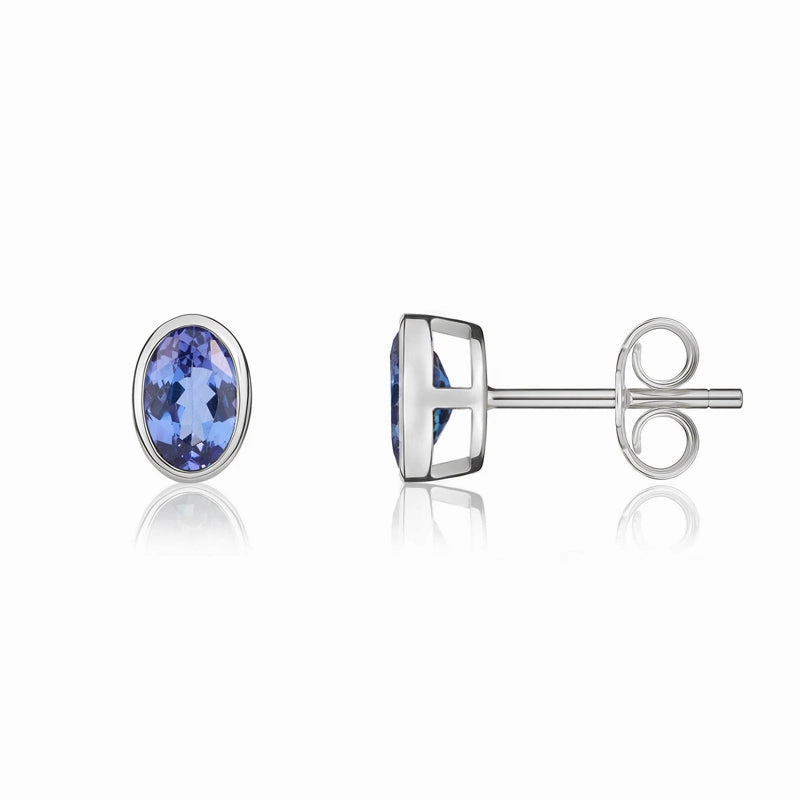 9ct White Gold Tanzanite 6x4mm Oval Rub Over Set Stud Earrings