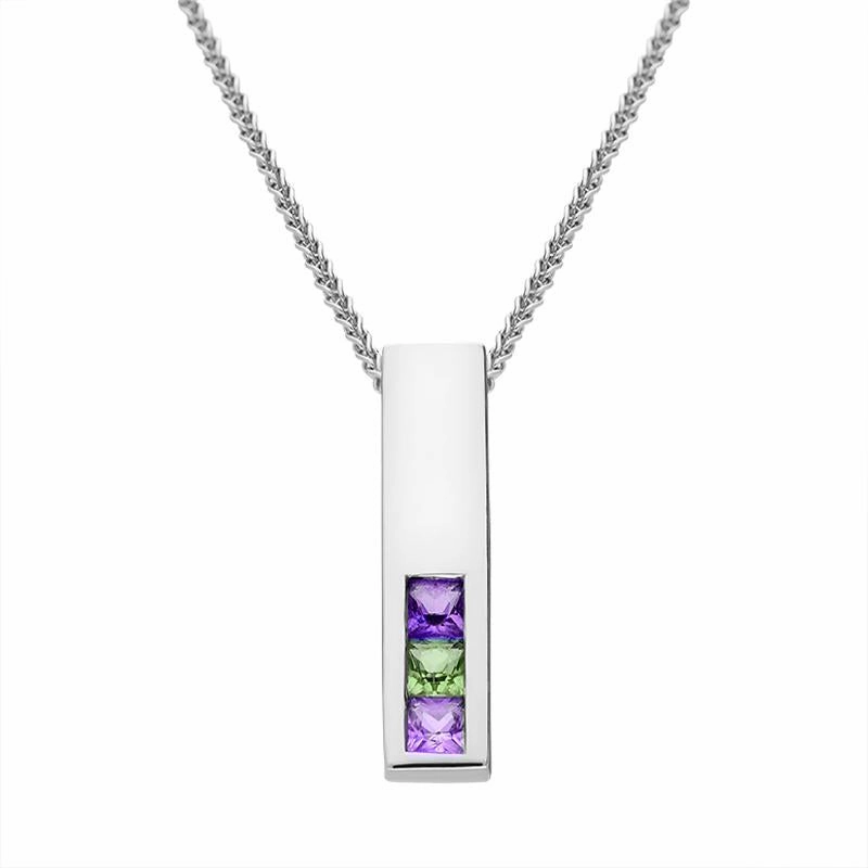 9ct White Gold Three Stone Amethyst Oblong Necklace D
