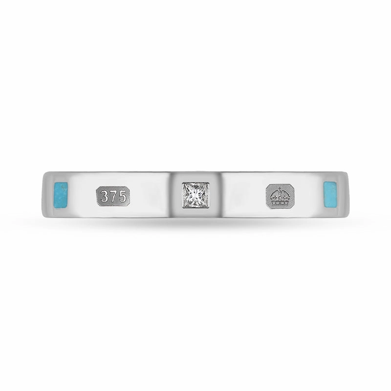 9ct White Gold Turquoise 0.05ct Diamond Queen's Jubilee Hallmark Princess Cut 3mm Ring D