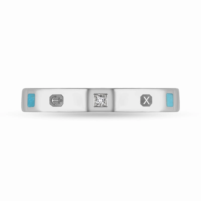 9ct White Gold Turquoise 0.05ct Diamond Queen's Jubilee Hallmark Princess Cut 3mm Ring D
