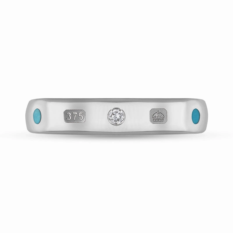 9ct White Gold Turquoise 0.08ct Diamond Queen's Jubilee Hallmark 4mm Ring D