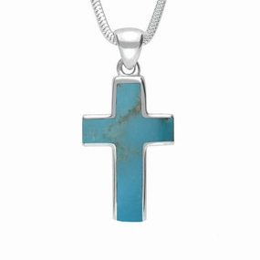 9ct White Gold Turquoise Channel Set Cross Necklace