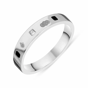 9ct White Gold Whitby Jet 0.09ct Diamond Queen's Jubilee Hallmark Princess Cut 4mm Ring D