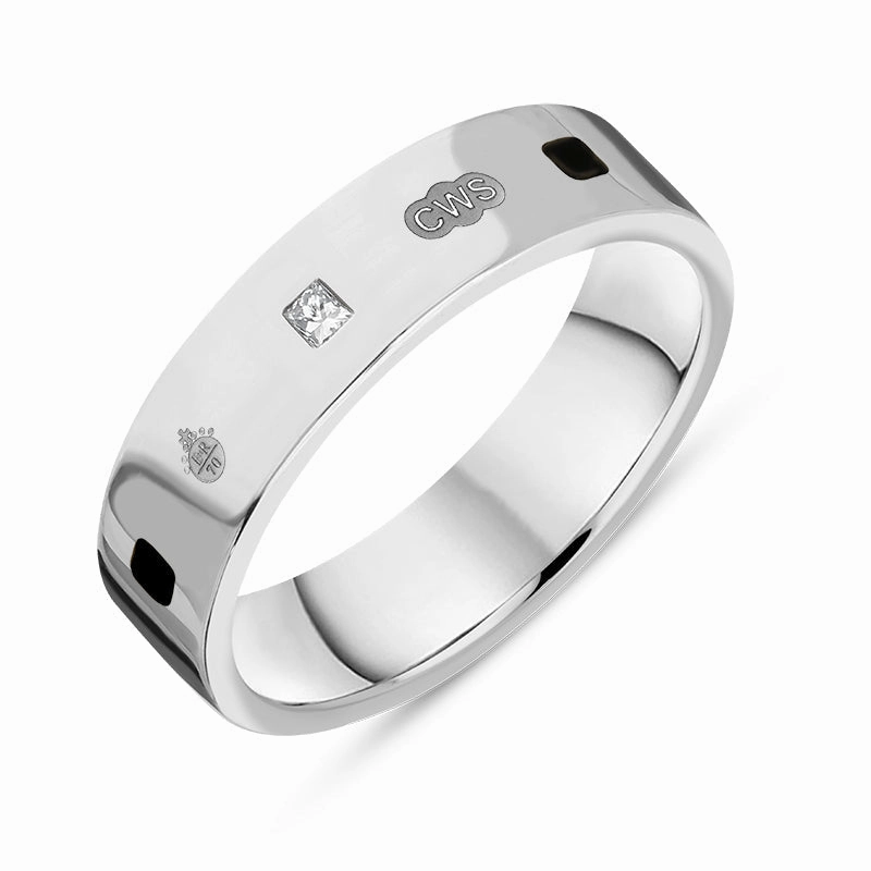 9ct White Gold Whitby Jet 0.12ct Diamond Queen's Jubilee Hallmark Princess Cut 5mm Ring D